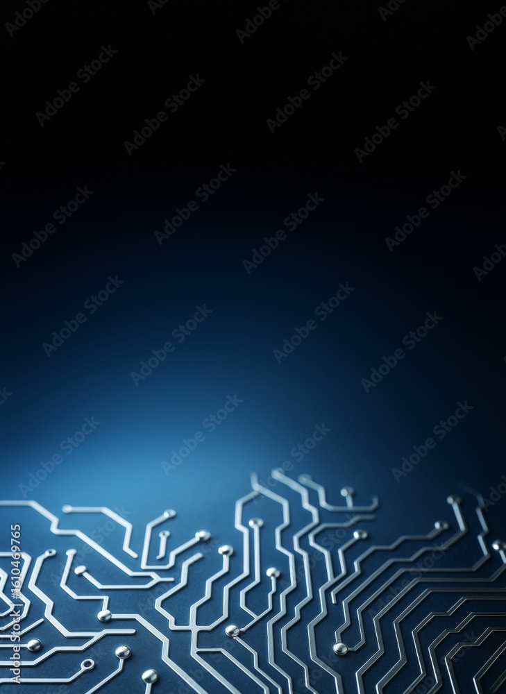 Wall mural abstract technology background with glowing circuit board pattern on blue gradient lighting and dark