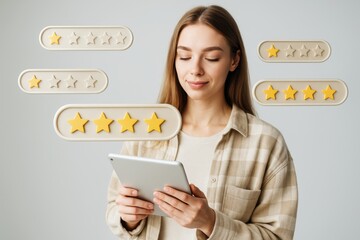 Woman using tablet with customer rating stars concept on light background, showing satisfaction levels in modern business technology interface.