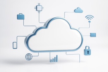 Cloud computing concept with blue digital icons connected to central cloud on light background representing data and technology network systems.