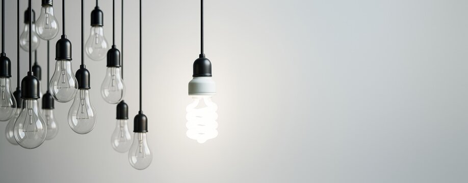 One glowing spiral light bulb among many unlit traditional bulbs on clean gradient background for tech innovation or idea concept banner template.