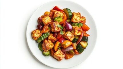 Pan-fried cheese cubes with roasted mixed vegetables on a white plate.