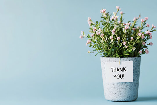 Thank you message flower pot with lush green artificial plant, minimalistic gratitude concept, small white ceramic planter on pastel blue background, appreciation decorative item, modern simple home d