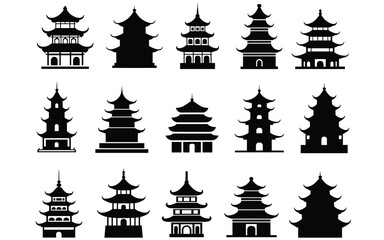 Pagoda Silhouette Grid &ndash; 16 Iconic Temple Vectors for Cultural, Spiritual & Architectural Projects