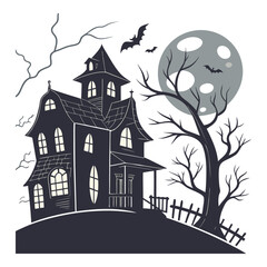 Creepy Haunted Mansion Silhouette with Broken Windows – Spooky Vector Illustration

