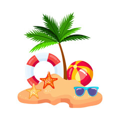 Vibrant vector illustration of a tropical island with a palm tree, beach ball, and sunglasses. Summer vacation travel concept.