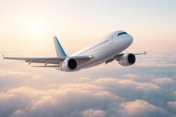 Obraz premium Commercial airplane flying above clouds with soft morning light and clear sky background, symbolizing travel, freedom, and modern air transport.