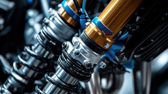 Detailed close-up shot of high-performance motorcycle front forks, showcasing vibrant colors and intricate design elements typical of racing mechanics.