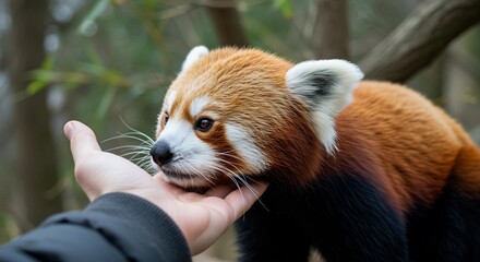 Fototapeta premium Close-up of a red panda being gently petted by a human hand in nature.
