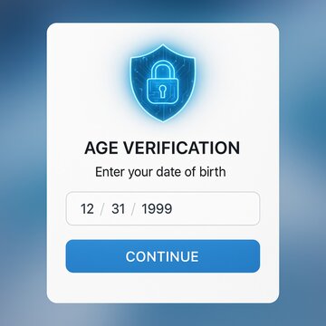 Digital age verification form with blurred background and cyber lock symbol &ndash; secure input design