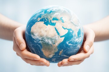 Hands gently holding a detailed Earth globe showing Africa and Europe on a bright light blue background, symbolizing global care and travel concept.
