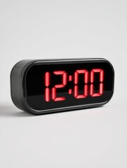 Digital alarm clock displaying 12:00 home office product photography minimalist environment close-up view time management