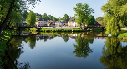 Obraz premium Quiet townscape with bridges and reflections over a calm river