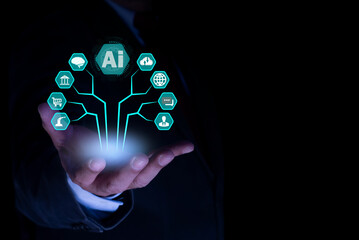 man hand holding Artificial Intelligence with Digital circuit board tree algorithm Technology Analysis. AI technology for advance technology, robotic, web, new technology, ui, business, big data
