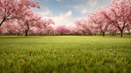 Fototapeta premium Empty park meadow scene with vibrant green grass foreground, background defined by a distant line of blooming cherry blossom trees under a soft sky. Seasonal beauty.