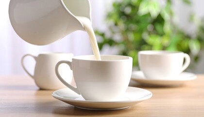 Milk pouring from creamer into a teacup on a table