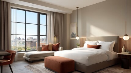 Modern hotel room design with city view contemporary style urban environment bright natural light
