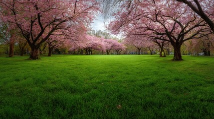 Fototapeta premium Empty park meadow scene with vibrant green grass foreground, background defined by a distant line of blooming cherry blossom trees under a soft sky. Seasonal beauty.
