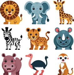 Fototapeta premium Cute cartoon safari animals collection lion elephant