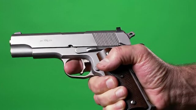 Hand holding pistol, green screen background, film production