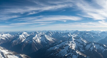 Panoramic view of snow-covered peaks, clear blue sky, majestic mountain landscape.