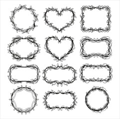 Heart and Floral Decorative Frame Set – Hand Drawn Vector Outline Design

