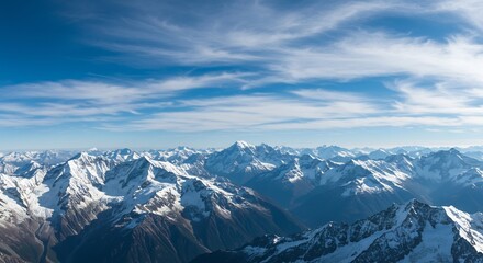 Stunning aerial view of a majestic snow-capped mountain range under a clear blue sky.