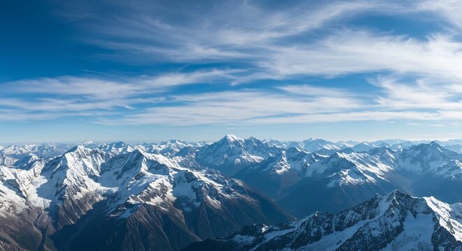 Stunning aerial view of a majestic snow-capped mountain range under a clear blue sky.