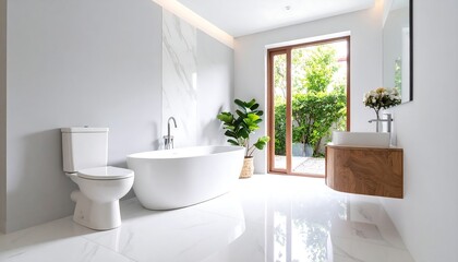 Modern bathroom with freestanding tub, toilet, and sleek vanity, featuring a large window showcasing lush greenery