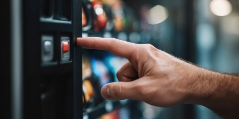 Person selects snack from vending machine in an office setting during afternoon