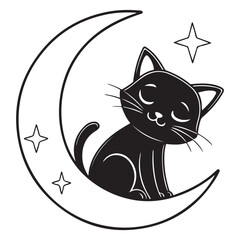 Minimalist Black Cat Sleeping in Crescent Moon Vector Illustration