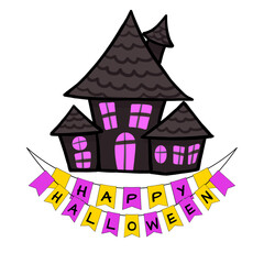 Happy Halloween Spooky Hut with Ghosts, Bats, and Haunted House