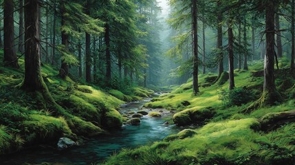 Obraz premium Serene Forest Scene with Mossy Ground and Flowing Stream in Dense Green Woods