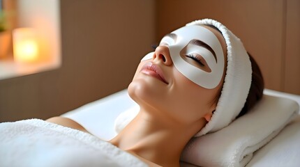 Woman lying on her back with a facial mask applied to her face, relaxing during a skin care treatment in a spa or home setting