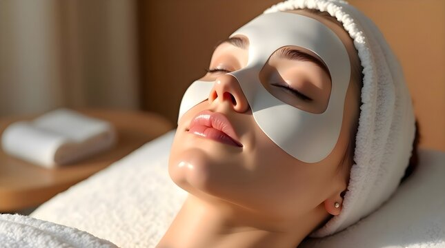 Woman lying down with a white facial mask on her face during a skin care session, resting peacefully in a spa or home environment - Powered by Adobe