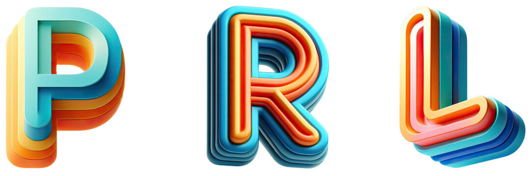 Isolated layered letters spelling prl with a gradient of colors on a black background