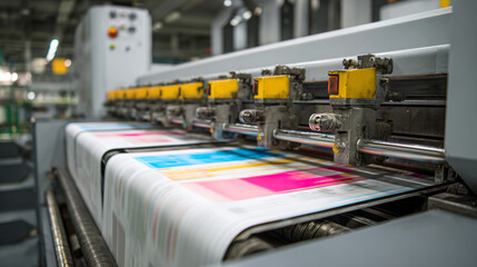 Close up view of a printing machine with colorful prints on the conveyor belt system