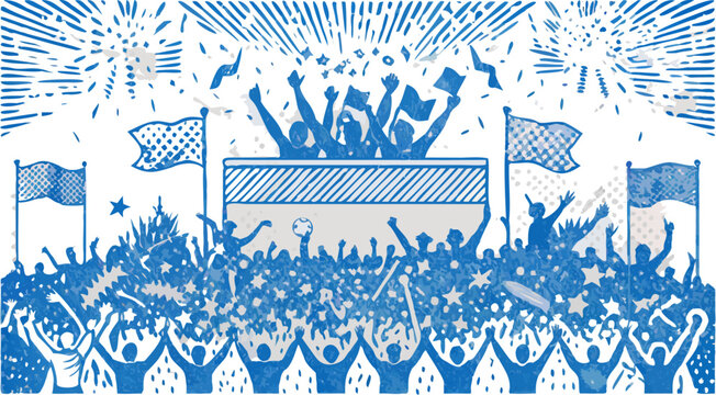 Illustration of a crowd cheering with flags and confetti under fireworks in blue and white color scheme