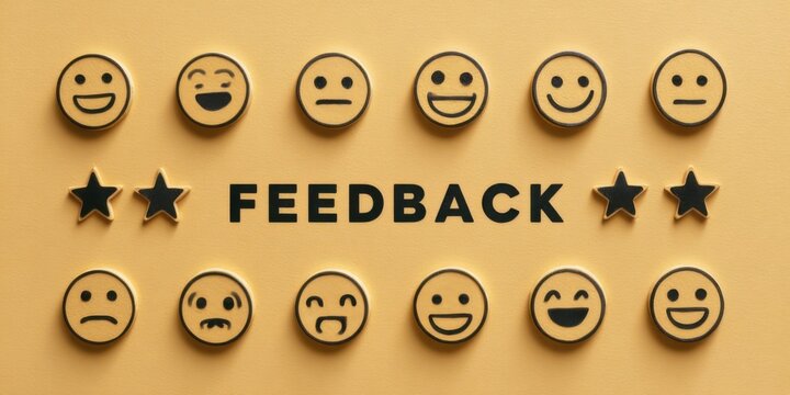 Creative feedback options displayed with expressive icons on a yellow background, inviting evaluations of experiences