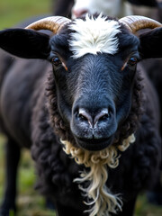 Ewe, Black sheep looks to camera. Zwartble breed with white and black face.