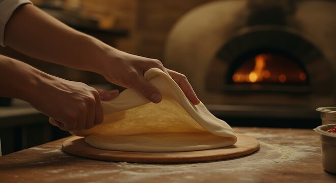 Chef Stretching Dough for Pizza in Warm Toned Kitchen - Powered by Adobe