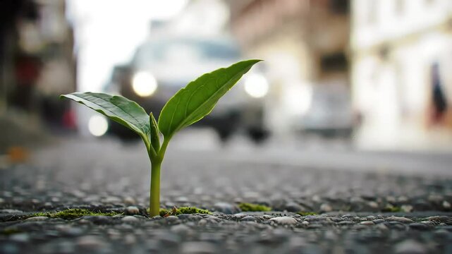 Vibrant Green Sprout Breaking Through Urban Asphalt, Symbolizing Resilience, New Beginnings, and Nature's Unstoppable Growth, Foreshadowing a Progressive and Sustainable Future.
