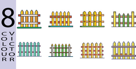 Naklejka premium Eight Colorful Flat-Style Wooden Fence Icons: Rustic, Modern, and Cartoon Designs for Web and App.