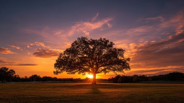 Dramatic sunset over a park grassland, a single large oak tree standing alone casting a long silhouette across the empty field. Evocative and spacious.