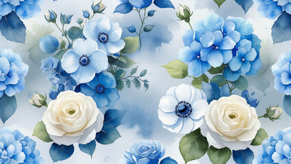 Watercolor blue flowers floral pattern seamless background hydrangea rose anemone design art decoration
