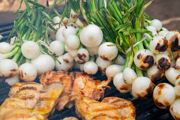 Grilled chicken breasts on a smoky barbecue grill with chambray onion 