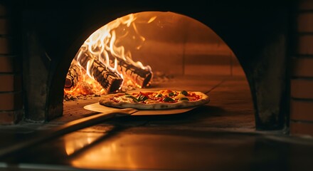 Pizza Baking in Traditional Firewood Oven with Bright Flames