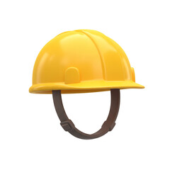 A bright yellow construction helmet with chin strap, isolated on white.