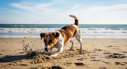 Energetic Jack Russell Terrier Digging in Sand on a Sunny Beach with Ocean Waves