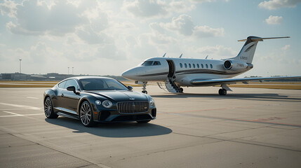 Luxury car and private jet on landing strip. Business class service at the airport.
