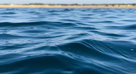 Naklejka premium Calm blue sea water ripples gently with a soft-focus sandy shoreline in the distance.